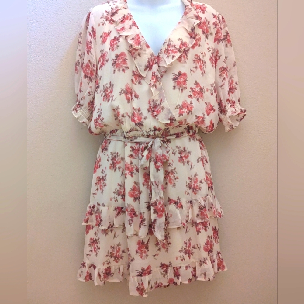 PAIGE Evonna Summer Dress 100% Silk Ruffles in cream Floral Print Size L